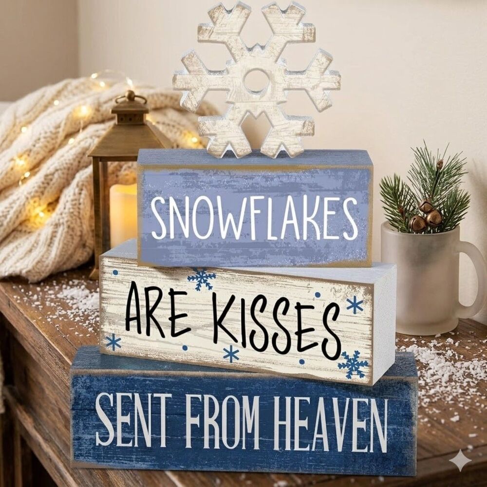 Rustic Winter Wood Stacking Sign Snowflakes are Kisses from Heaven Tiered Tray